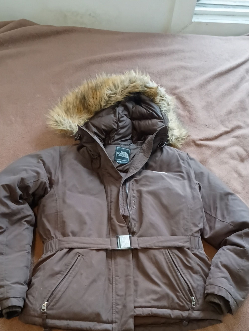 The North Face Women's Brown Hooded Puffer with Faux-Fur Trim and Belt